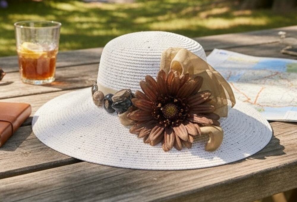 Falls Creek Women's Wide Brim Summer Hat White/Tan Sunflower Wine Motif